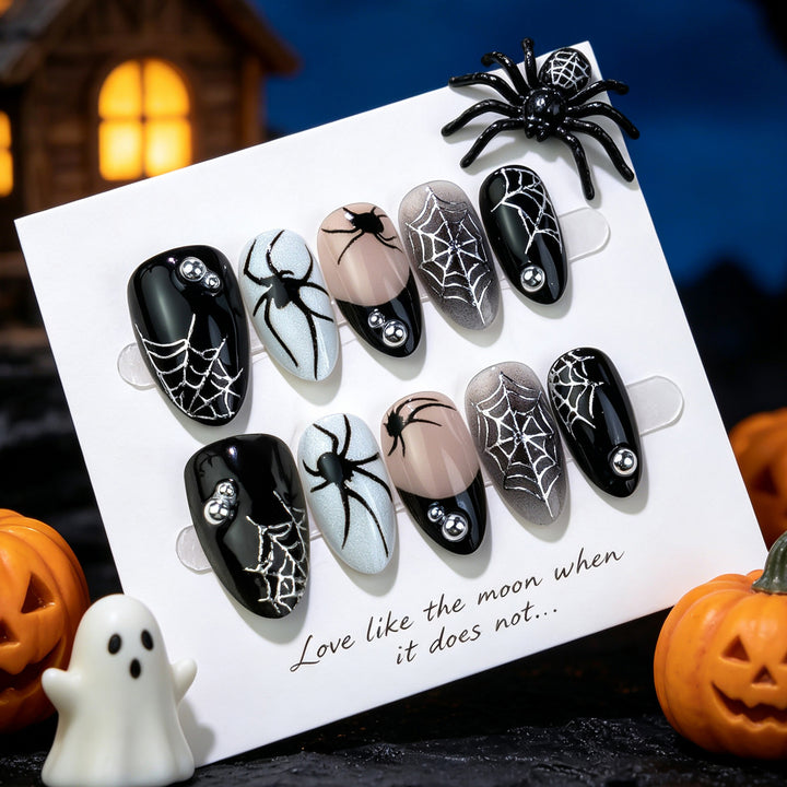 Halloween-Themed Press-On Nail Set with Spider and Web Design Bowlift