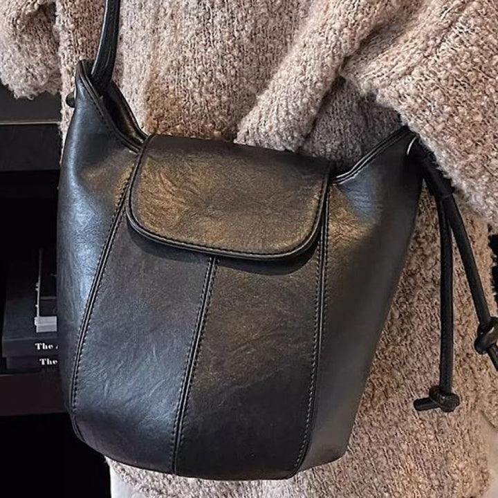 Contemporary Leather Drawstring Bucket Bag Bowlift