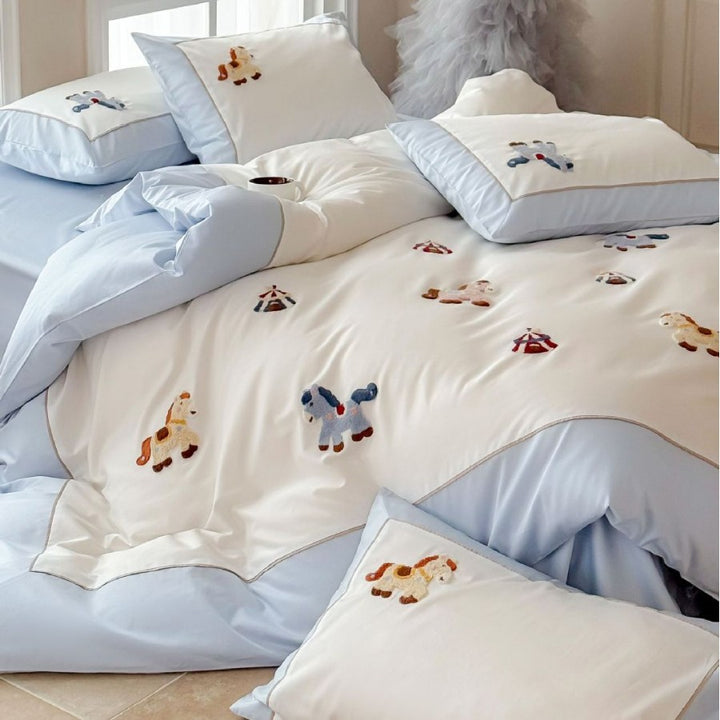 Embroidered Cotton Duvet Cover Set with Horse Appliqué
