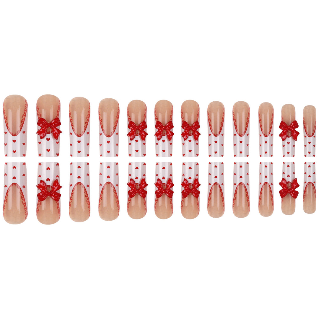 Decorative Press-On Nail Set with Heart and Bow Accents Bowlift