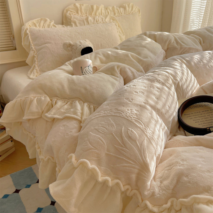 Plush Embossed Jacquard Ruffled Comforter and Sham Set