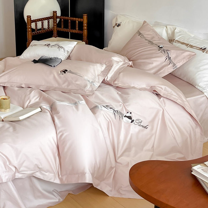 Luxurious satin bedding set with fine panda embroidery