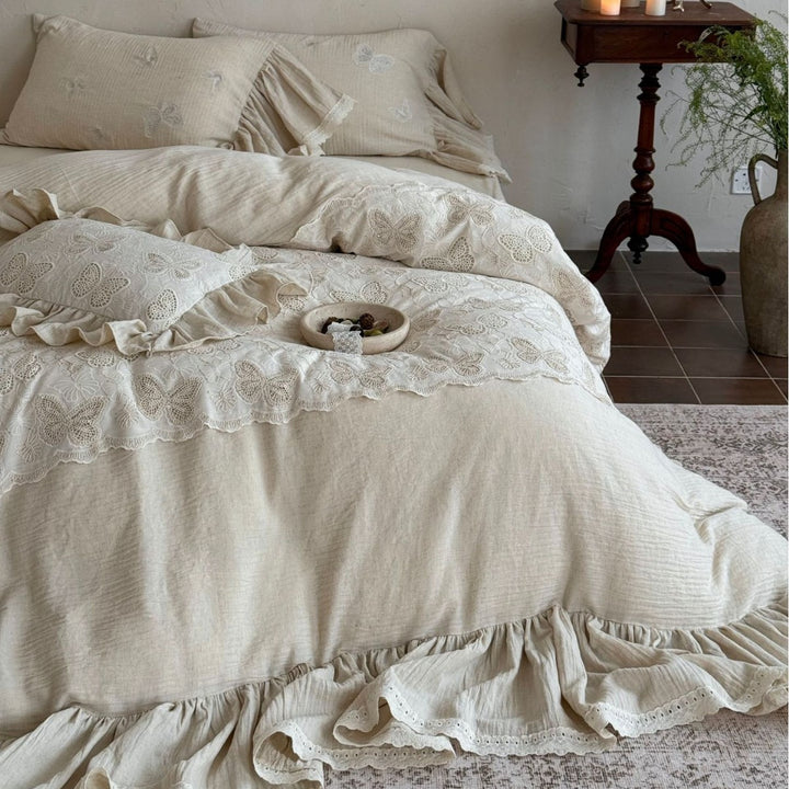 Ruffled Linen-Blend Duvet Cover Set with Embroidered Butterfly Appliqué