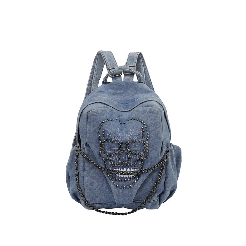 Edgy Skull Design Denim Backpack