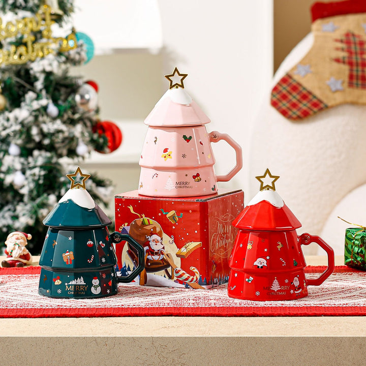 Creative Ceramic Christmas Tree Lid Spoon Mug