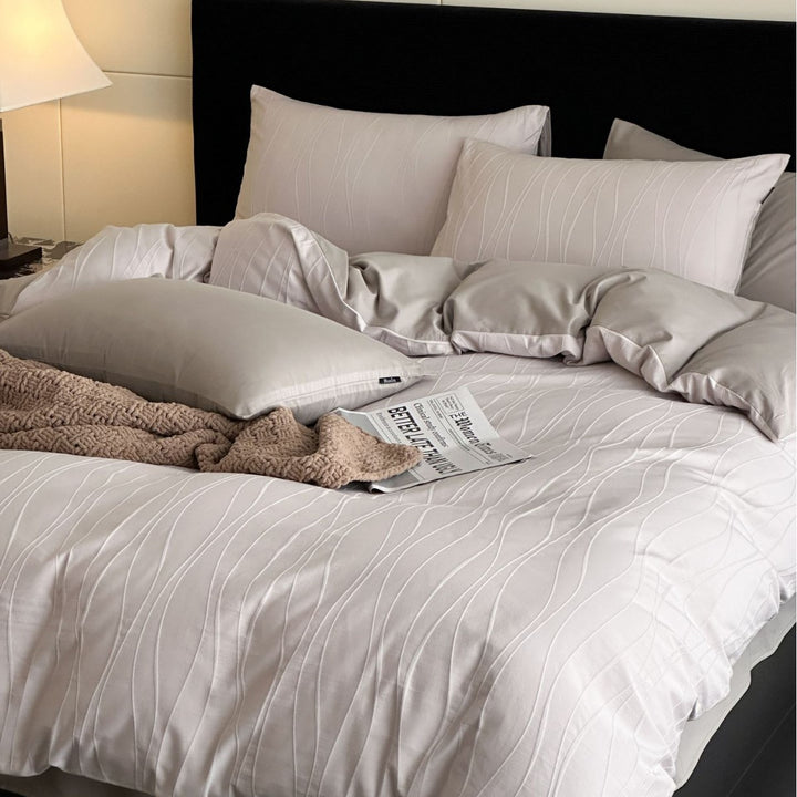 Textured Jacquard Cotton Sateen Duvet Cover Set with Reversible Weave