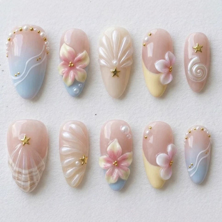 Artificial nail set with elegant flower and shell design Bowlift
