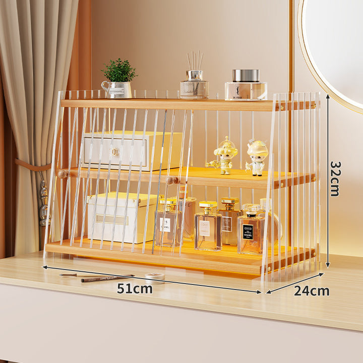Multi-Level Acrylic Perfume and Makeup Display Shelf with Sliding Gold-Trim Doors