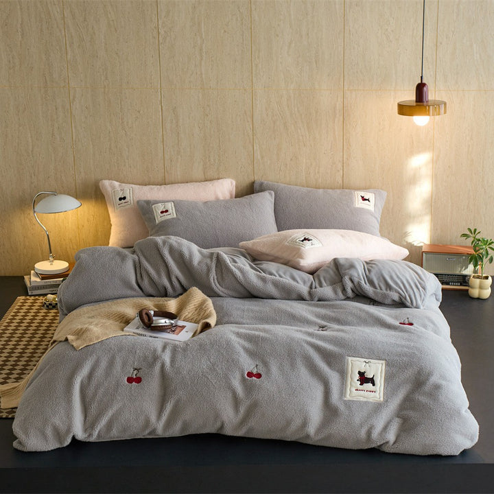 Cozy fleece bedding set with embroidered cherries and appliqués