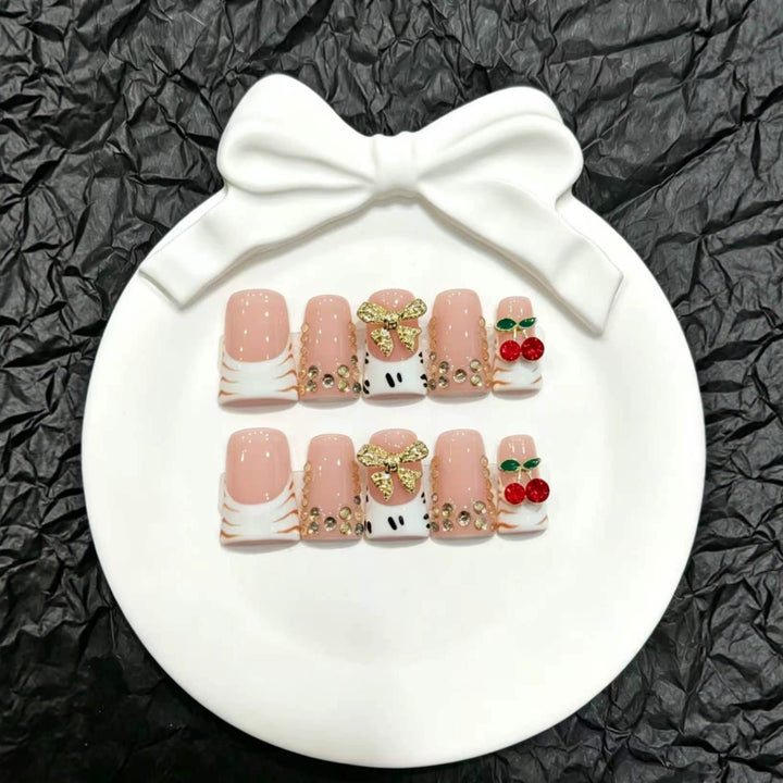 Decorative Press-On Nail Art Set with Bow and Cherry Accents