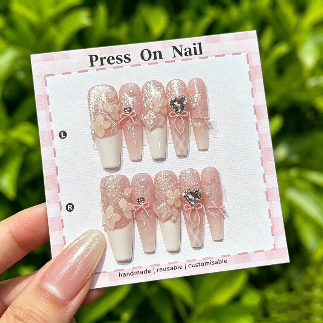 Elegant Press-On Nail Art Set with 3D Floral Accents