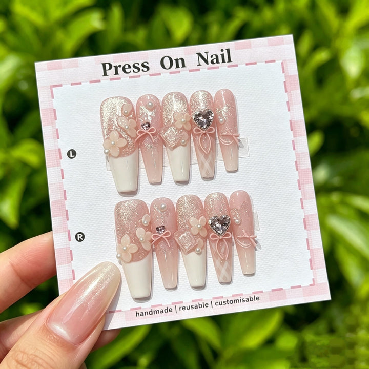 Elegant Press-On Nail Art Set with 3D Floral Accents