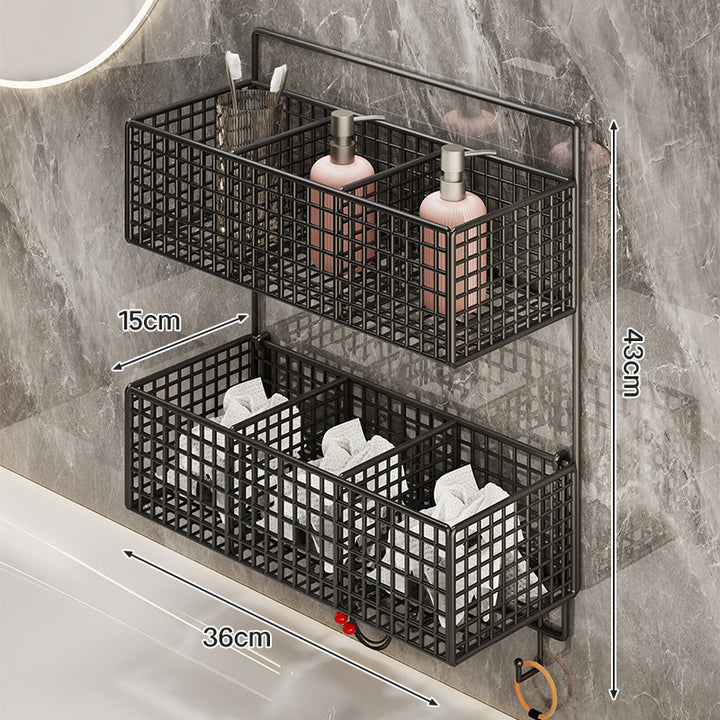 Wall-Mounted Metal Mesh Bathroom Storage Basket with Multi-Hook and Draining Base