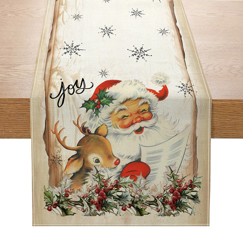 Cotton-Linen Holiday Table Runner with Snowy Cabin and Deer Print