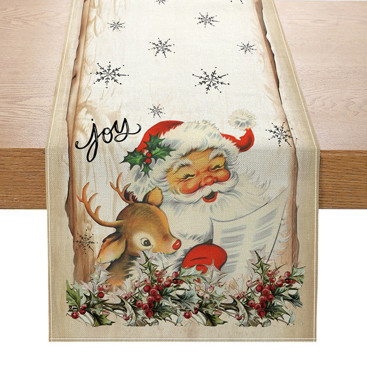Cotton-Linen Holiday Table Runner with Snowy Cabin and Deer Print