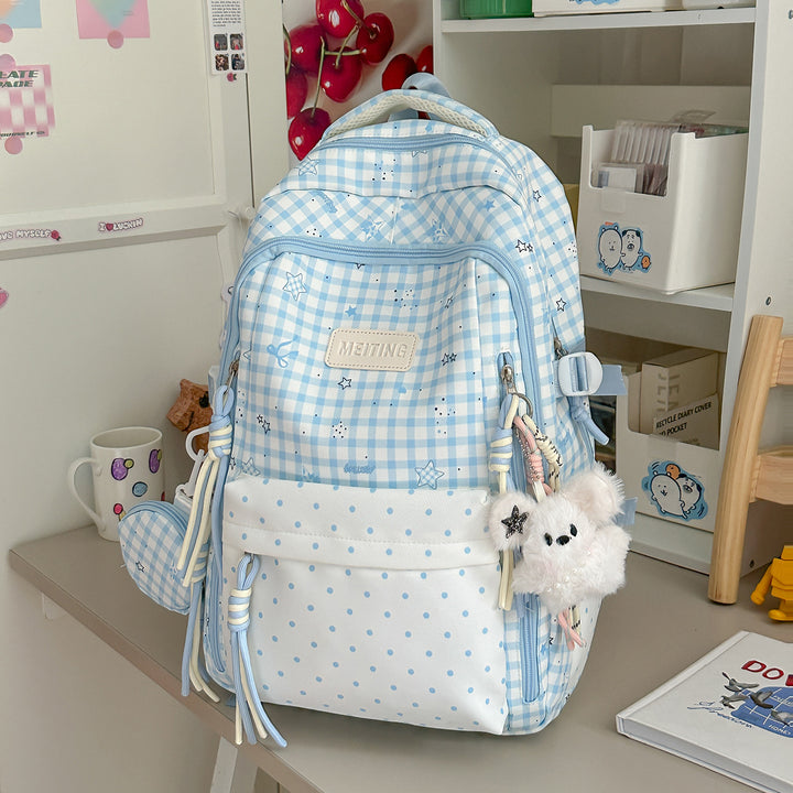 Decorative Plaid and Star Patterned Backpack Bowlift