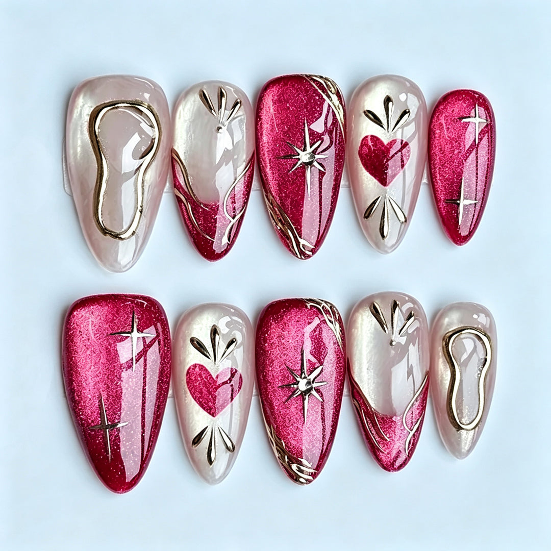Artistic Press-On Nail Set with Heart and Star Designs