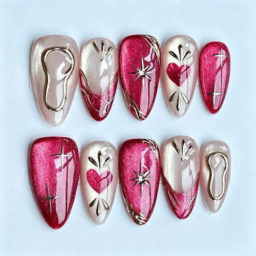 Artistic Press-On Nail Set with Heart and Star Designs