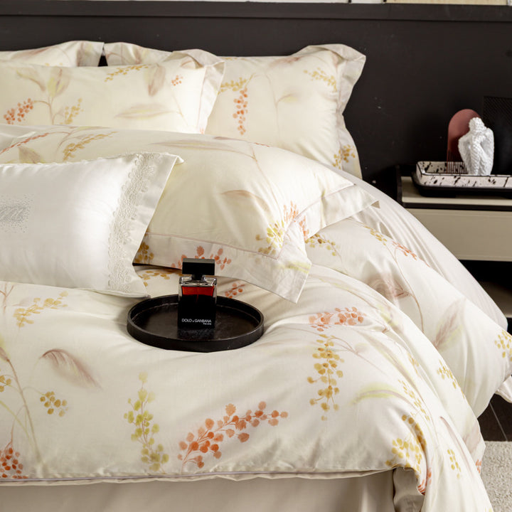Luxurious cotton satin duvet cover set with watercolor flower pattern