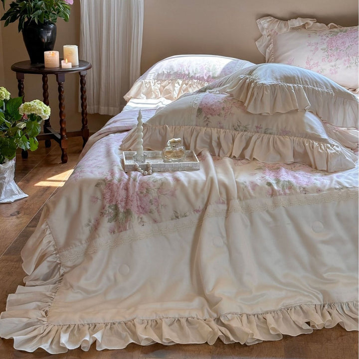 Ruffled satin pillowcase with flounce, lace border, and floral insert