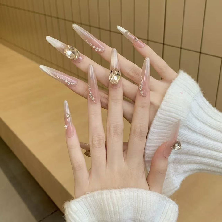 Artificial nails with sparkling rhinestone and lace accent