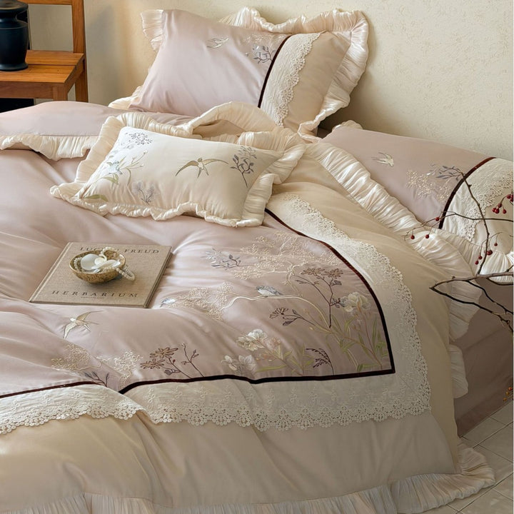 Luxury Embroidered Satin Ruffled Duvet Cover Set