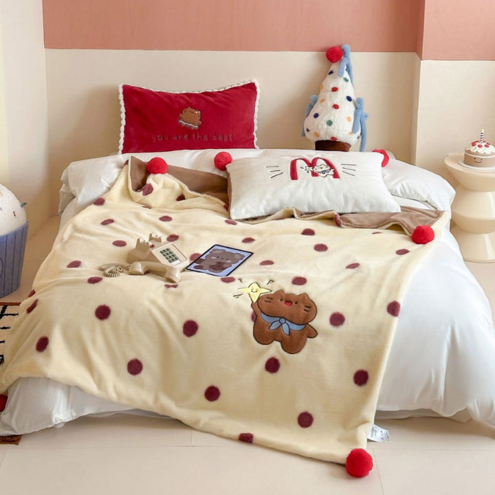 Plush Reversible Sherpa Throw Blanket with Embroidered Bear and Christmas Tree Appliqué