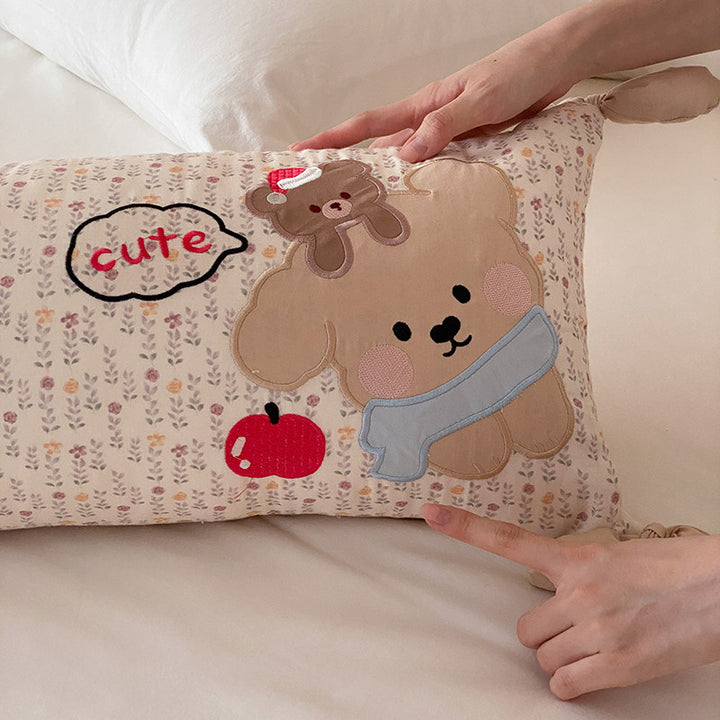 Decorative Long Body Pillow with Bear Applique and Knotted Ends