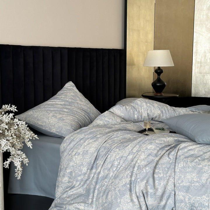 Reversible Cotton-Sateen Patchwork-Texture Duvet Cover Set with Deep-Fit Corners & Oxford Shams