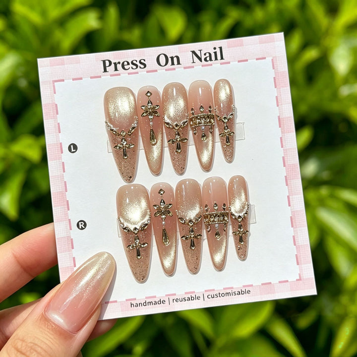 Elegantly Crafted Decorative Press-On Nail Art Set with Gem Accents