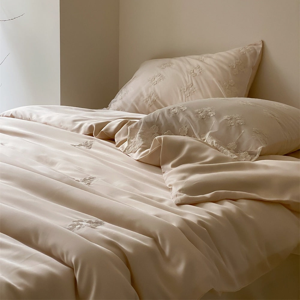 Silky smooth satin duvet cover set with fine floral embroidery