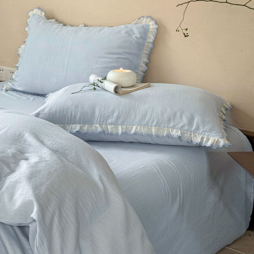 Washed Linen-Texture Duvet Cover Set with Eyelet Lace Ruffle & Hidden Closure