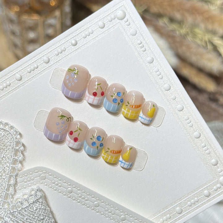 Artistic Press-On Nail Set with Fruit Pattern Designs