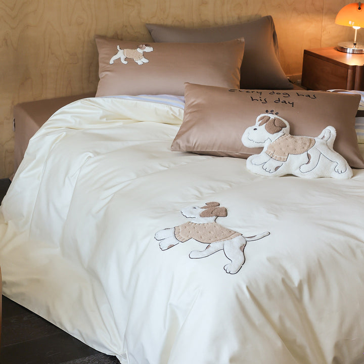 Embroidered Dog Appliqué Cotton Duvet Cover Set with Reversible Striped Panel & Pillowcases