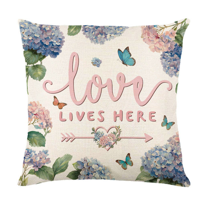 Decorative Linen Throw Pillow Cover with Watercolor Gnome and Hydrangea Illustration