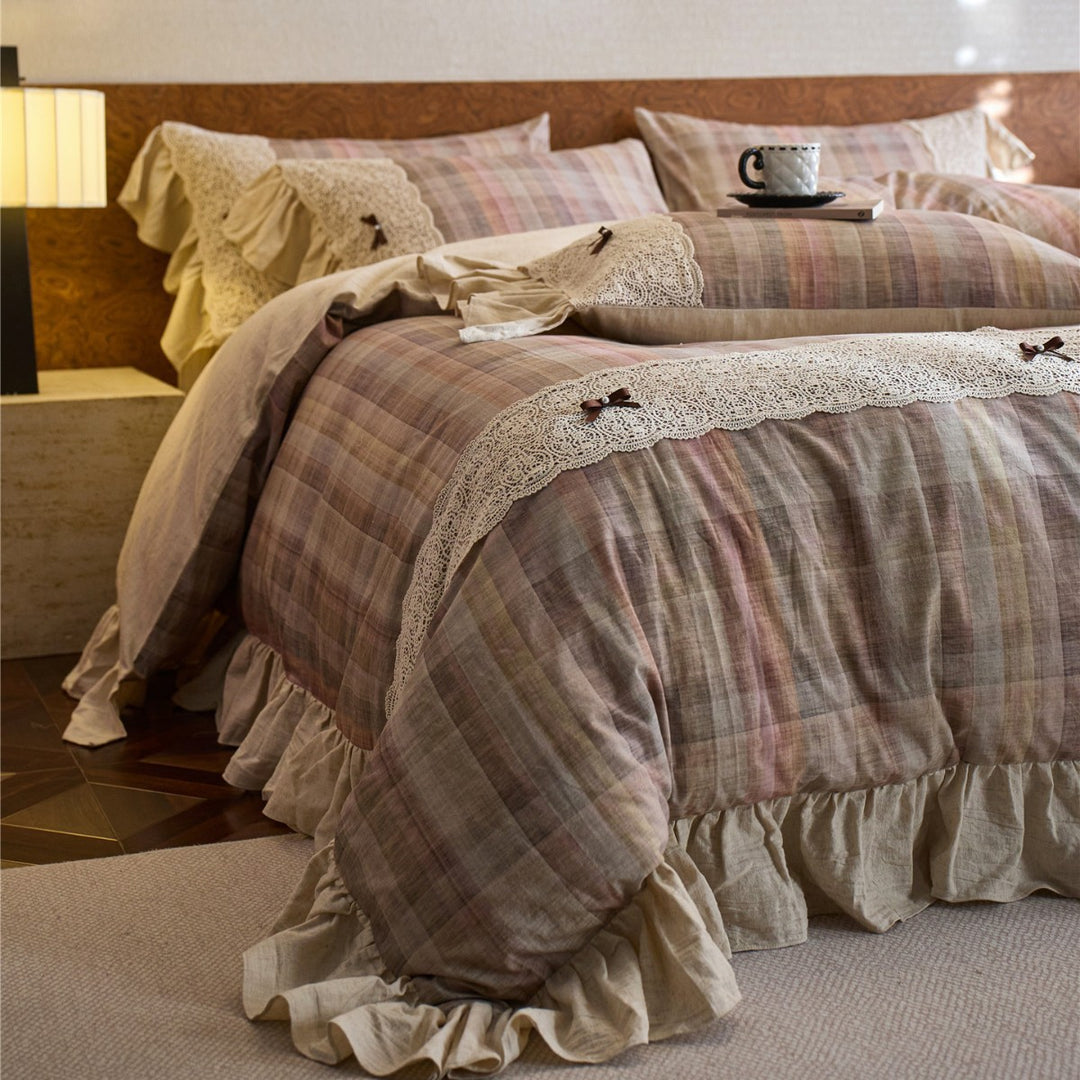 Plaid Ruffled Lace Trim Duvet Cover and Pillowcase Set