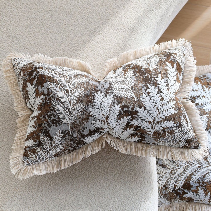 Rectangular decorative cushion cover with embroidered leaf jacquard and fringe edge Bowlift
