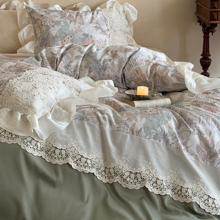 Romantic Floral Ruffled Lace Duvet Cover Set with Satin Trim