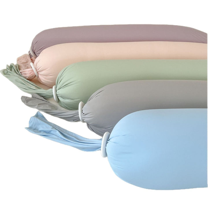 Ergonomic neck support pillow with soft stretch cover and adjustable knot ends
