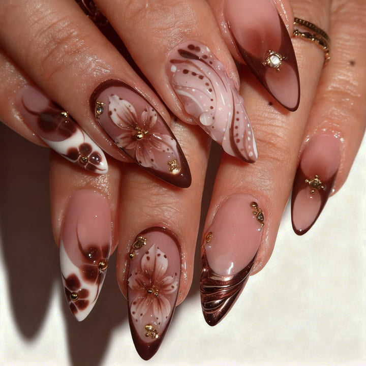 Acrylic nail set with 3D flower decorations and elegant patterns Bowlift