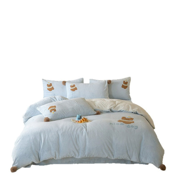 Embroidered Teddy Plush Pom-Pom Duvet Cover Set