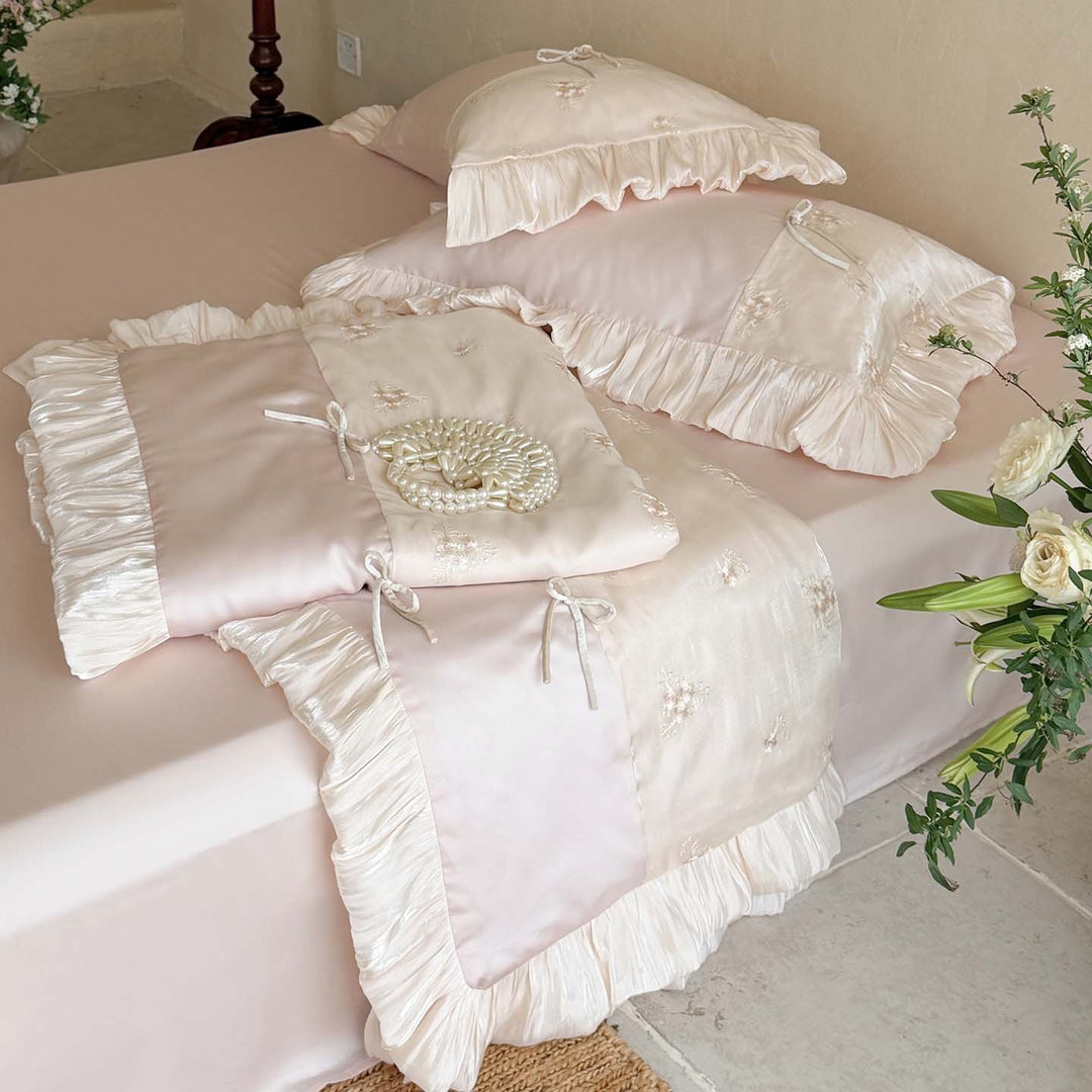 Luxury Ruffled Embroidered Satin Bedding Set