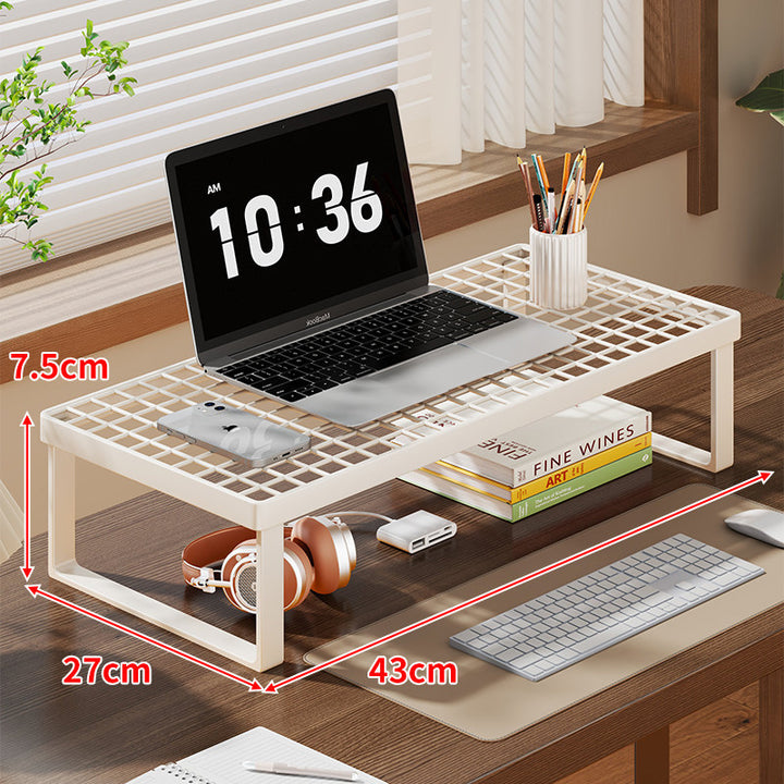 Grid-Top Desktop Laptop and Monitor Riser Shelf with Elevated Open Under-Storage