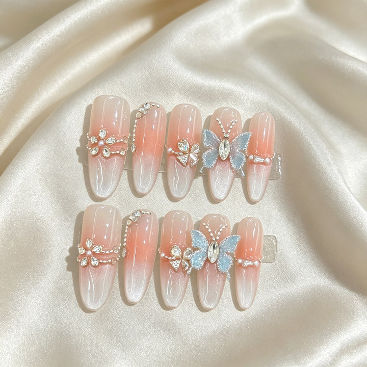 Elegant Decorative Press-On Nails with Floral and Gem Accents