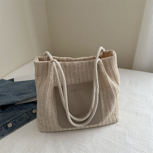 Textured Knit Tote Bag with Leather Accent