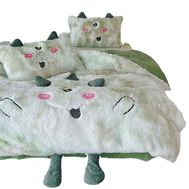 Cozy plush bedding set with 3D ears, heart-shaped eye appliqué, and extra soft microfiber fluff