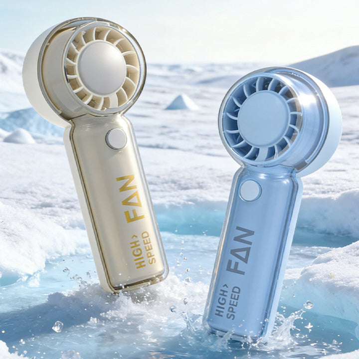 Cooling high-speed rechargeable handheld personal fan with transparent ergonomic handle and single-button speed control Bowlift