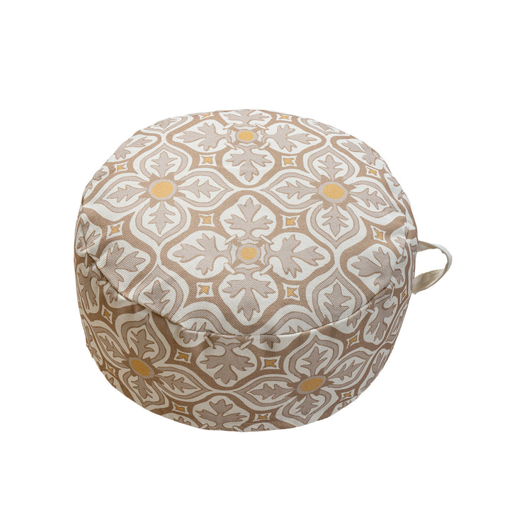 Round seat pouf with woven jacquard structure and practical carrying handle Bowlift