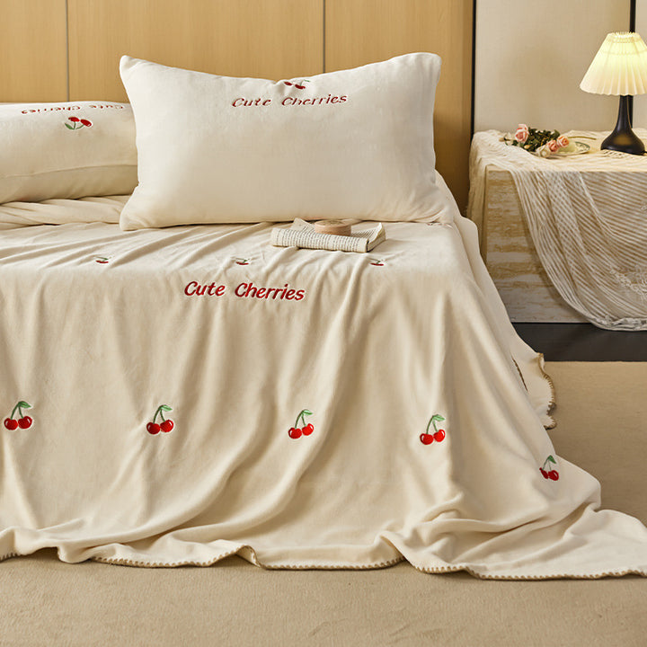 Plush Embroidered Tulip Velvet Bedspread and Matching Pillowcase Set