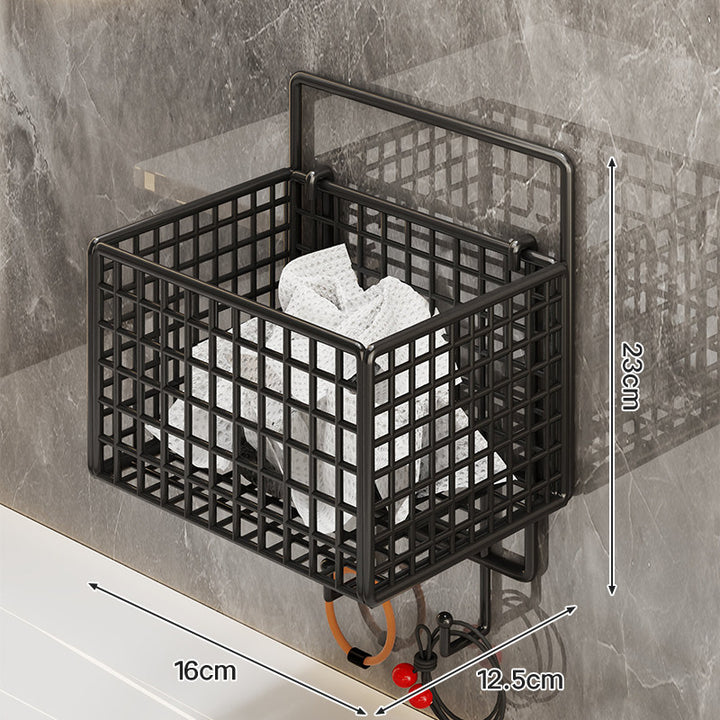Wall-Mounted Metal Grid Bathroom Caddy with Triple Compartments Hooks and Drainable Base
